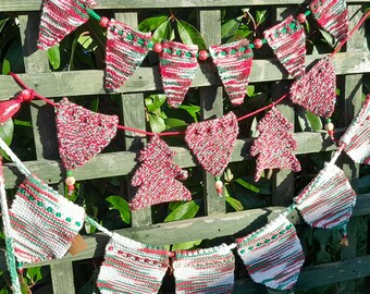 Christmas knitted bunting - banner, triangular and tree shaped flags, 5 - 8 flags on each length. Handmade.