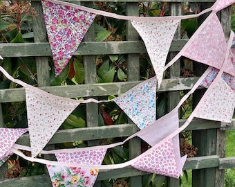 Pink floral themed fabric bunting, longer lengths over 3 metres, double sided with floral design, house / garden garlands, wall hangings