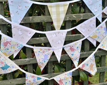 Bunny and rabbit fabric bunting, wall hangings / garlands, double sided, pastel colours, various lengths and patterns