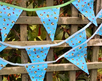Bees on bright blue background handmade fabric bunting, 1.1 m to 2.8 m lengths, medium sized flags, home and garden decorations