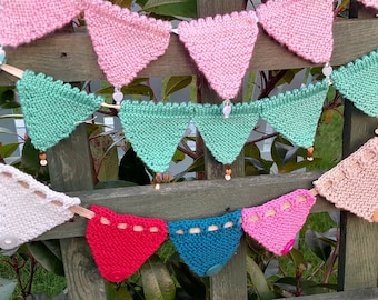 KNITTED MINI TRIANGULAR bunting flags - various header ribbons, adjustable on length, button & bead decoration, ideal for shelves/home decor