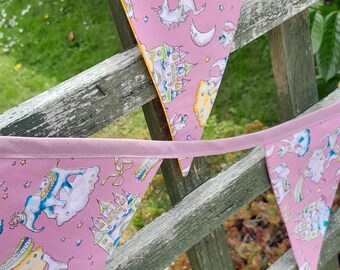 Handmade UNICORN, CASTLES, TEDDY themed fabric bunting, pink background & mauve bias binding, med flags 2m lengths and mini flag 2m length