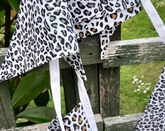 Handmade ANIMAL PRINT BUNTING  - fabric flags - 2 different patterns on white webbing - 2.4 metre with 10 flags, black, white, brown design