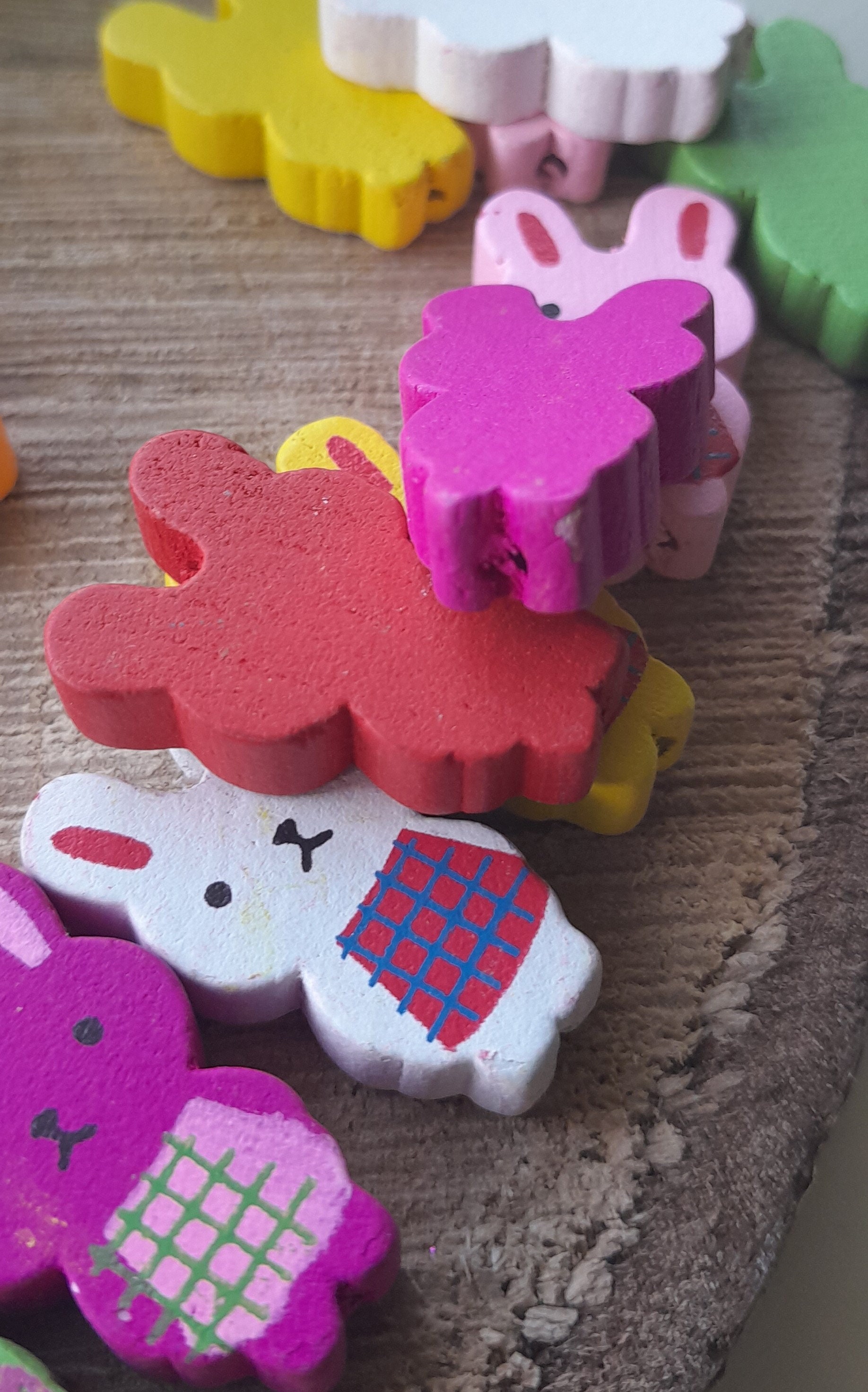 Wooden Rabbits Beads, Coloured Inner Ear / Apron / Black Eyes, Nose ...