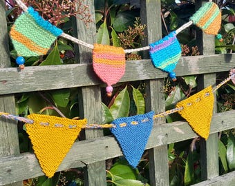 HAND KNITTED BUNTING - triangular and banner shaped mini flags with bead embellishments, over 1 metre lengths, multi coloured