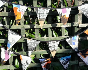 Abstract patterned fabric bunting, wall hanging, home decoration, cars, palm trees, buildings - line drawings / silhouettes, bright colours