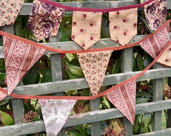 Brown floral themed fabric bunting, triangular / banner shaped flags, wall hanging, shelf decoration, double sided, lengths plus extra ties