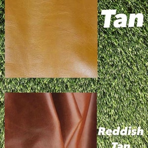 May include: Two swatches of leather, one tan and one reddish tan. The swatches are displayed against a green background with the word "Colours:" at the top and the words "Tan" and "Reddish Tan" below each swatch.