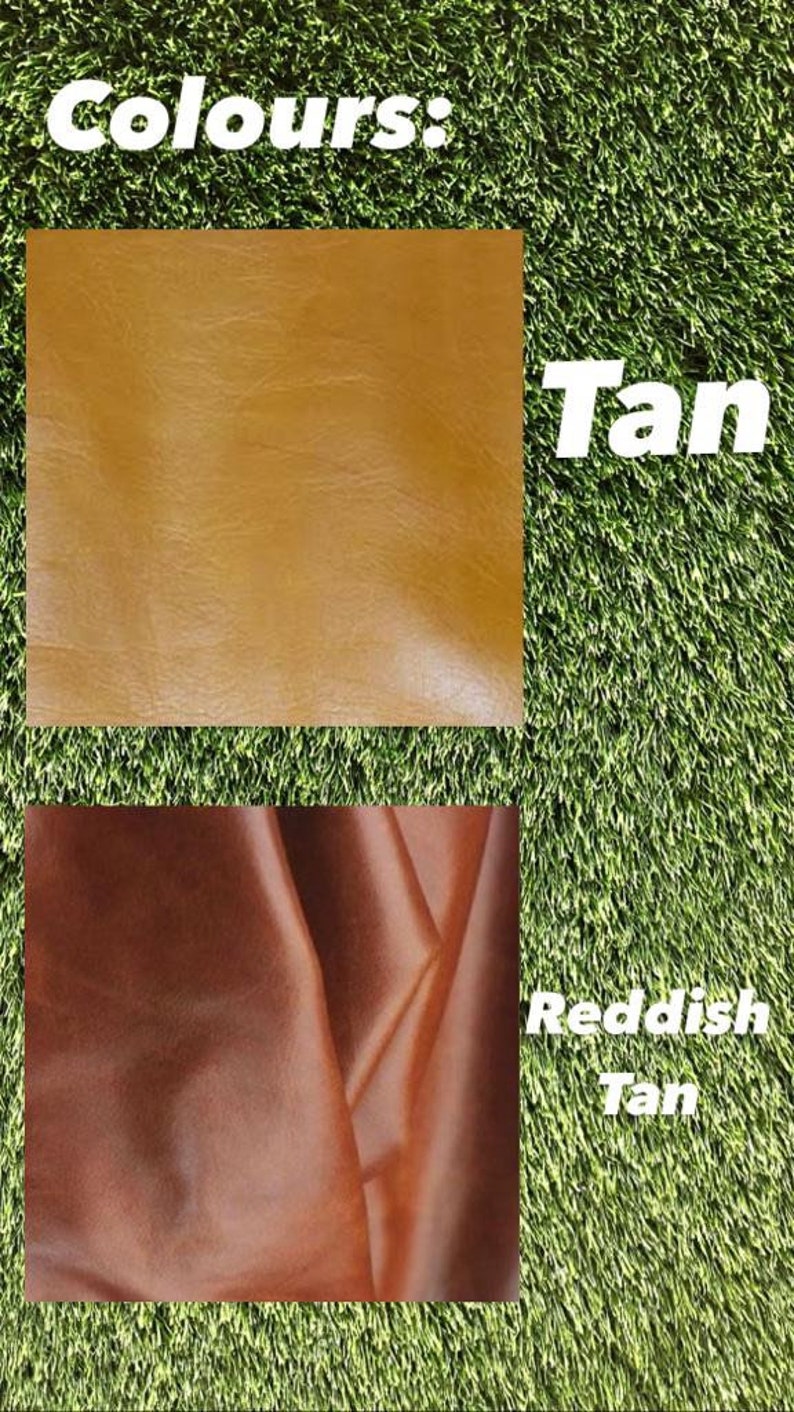 May include: Two swatches of leather, one tan and one reddish tan. The swatches are displayed against a green background with the word "Colours:" at the top and the words "Tan" and "Reddish Tan" below each swatch.