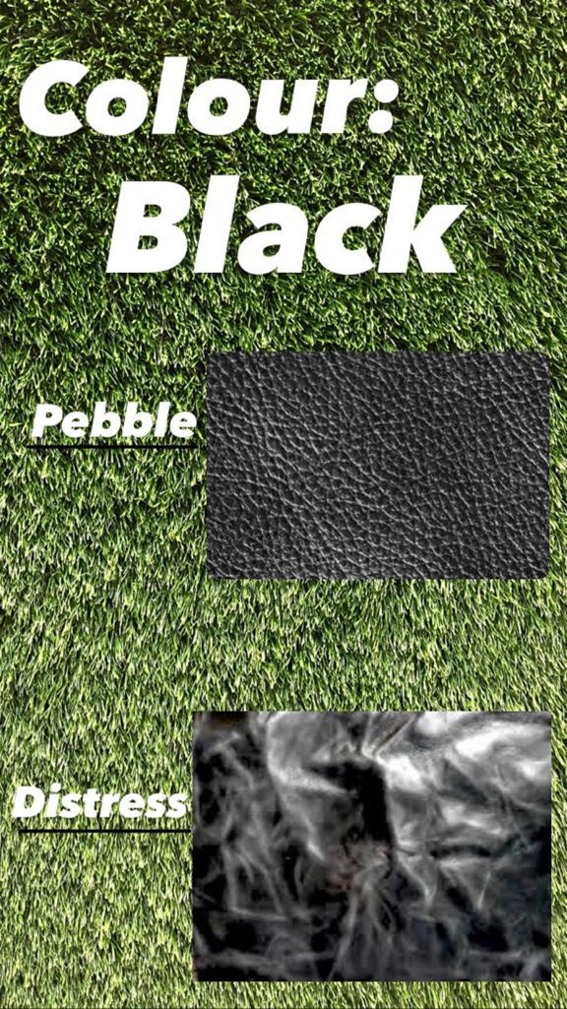 May include: Two samples of black leather, one with a pebble texture and the other with a distressed texture. The text "Colour: Black" is at the top of the image.