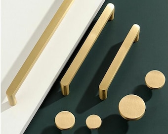 Solid Brass Modern Cabinet handles knobs, Gold Drawer Knobs pulls, Dresser Cupboard Wardrobe Door Pulls Handles, cabinet hardware