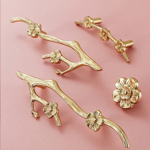 Solid Brass branch cabinet handle knobs, Gold Wardrobe Knob pulls, Dresser handle, Drawer Handle Pulls Knobs, cabinet hardware