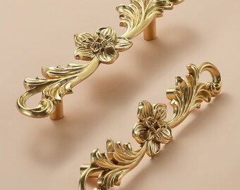 Solid Brass Flower Leaf drawer handles knobs, Gold cabinet Knobs pulls, Dresser Cupboard Wardrobe Door Pulls Handles,cabinet hardware