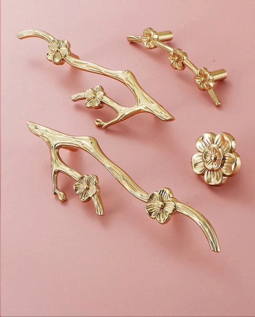 Solid Brass Branch Handle Knobs, Gold Wardrobe Knob Pulls