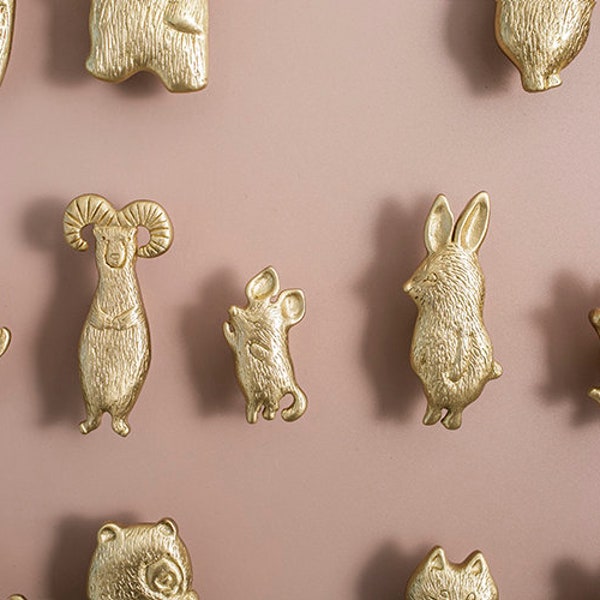 Boutons d'armoire en laiton massif pour animaux, poignées de lapin en or, poignées de tiroir pour moutons