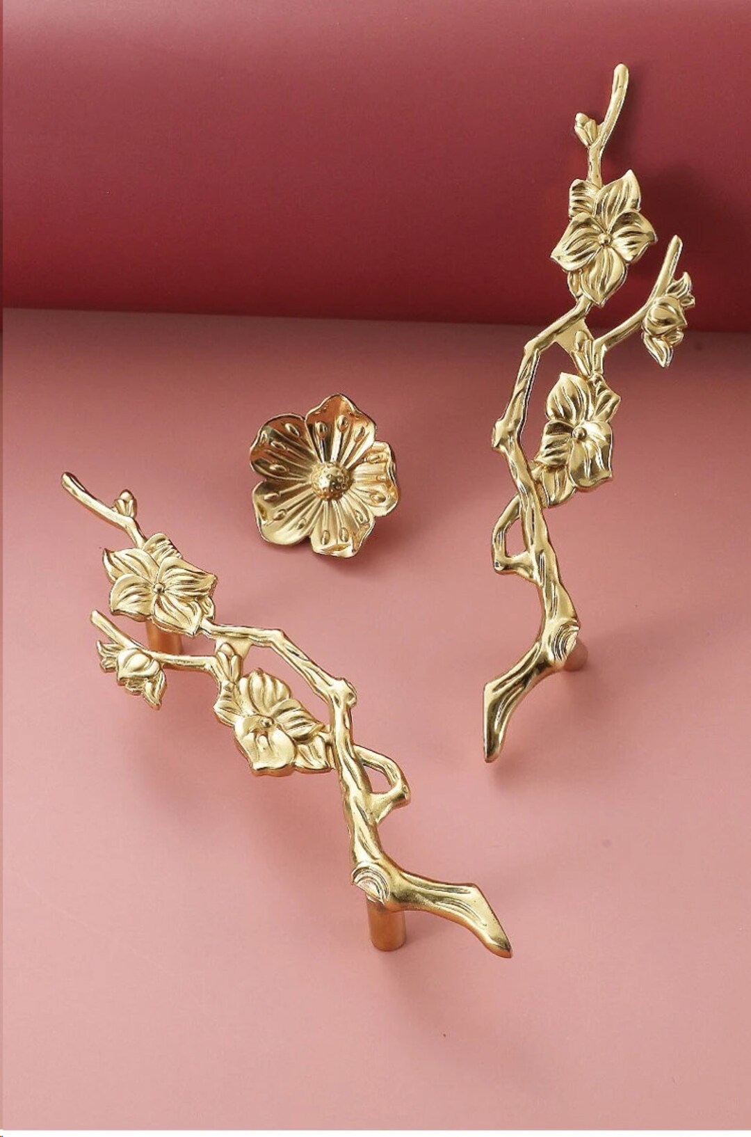 Solid Brass Branch Handle Knobs, Gold Wardrobe Knob Pulls