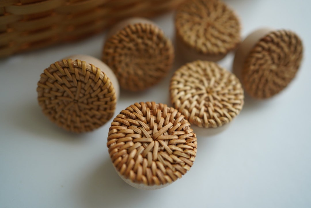 Rattan Wood Drawer Knobs Pulls, Wooden Rattan Weaving Knobs