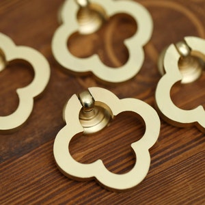 Solid brass clover knobs, gold brass drop furniture knobs, beautiful door knobs, brass drawer knob, cabinet knobs