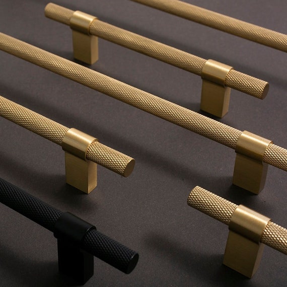 Brass Knurled Door Handles T Bar Kitchen Knobs Black Drawer Etsy