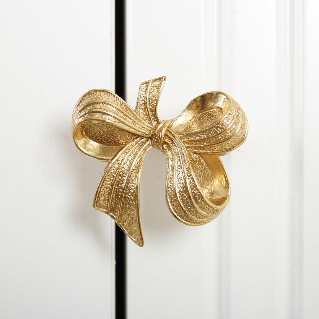 Solid Brass Bow Knobs, Gold Drawer Pulls, Dresser Door Knobs