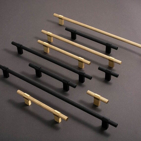 Brass Knurled Door Handles T Bar Kitchen Knobs Black Drawer Etsy