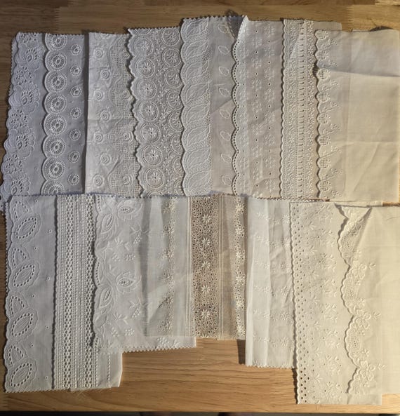 Vintage French lace trims, salesman samples, white trims, set of 14 pieces. For sewing, scrapbooking, doll making.