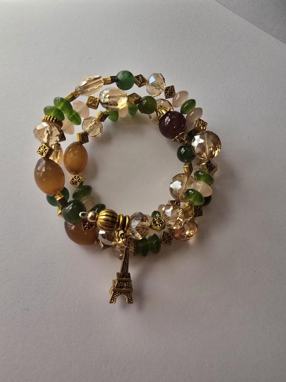 Multi-color memory wire bracelet, Eiffel Tower charm bracelet