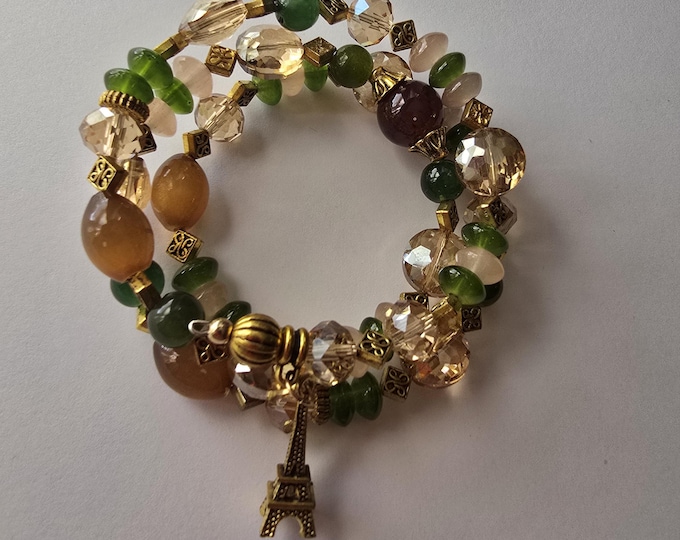 Multi-color memory wire bracelet, Eiffel Tower charm bracelet