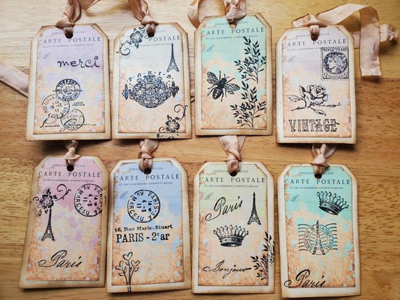PARIS inspired gift tags, Paris hang tags, set of 8, Carte Postale hang tags.