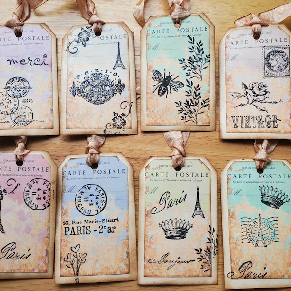 PARIS inspired gift tags, Paris hang tags, set of 8, Carte Postale hang tags.