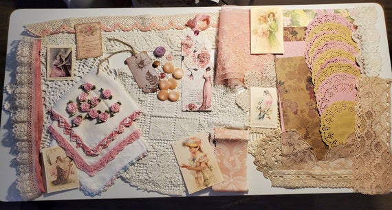 Grab Bag- Vintage lace and crochet bundle, grab bag, for clusters or snippets, slow stitches, doll making, scrapbooking, journaling.
