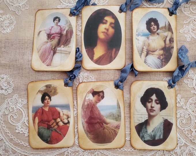 Vintage Greek Women Ephemera Tags, Handmade, Set of 6
