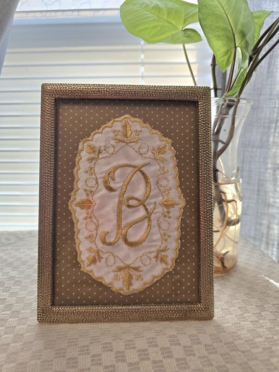 Framed Monogrammed Applique, vintage applique letter B.
