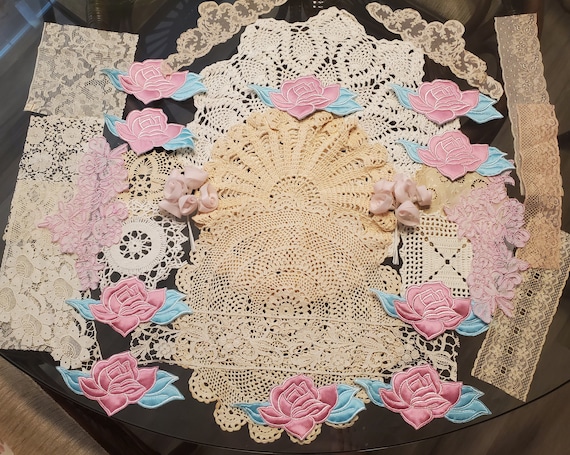 Grab Bag - Vintage France lace and crochet bundle, grab bag, for clusters or snippets, slow stitches, doll making, scrapbooking, journaling.