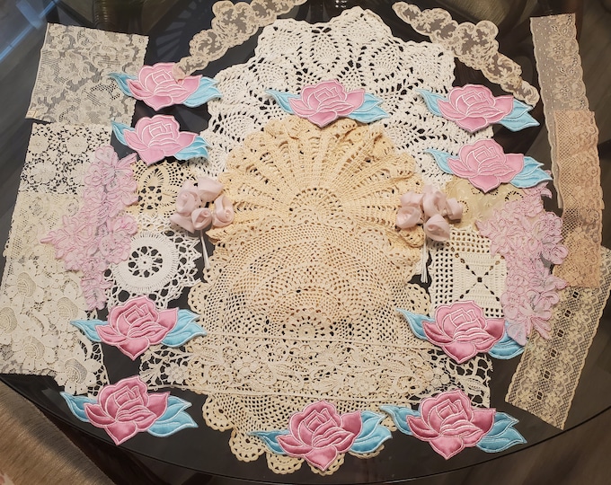 Grab Bag - Vintage French lace and crochet bundle, grab bag, for clusters or snippets, slow stitches, doll making, scrapbooking, journaling.