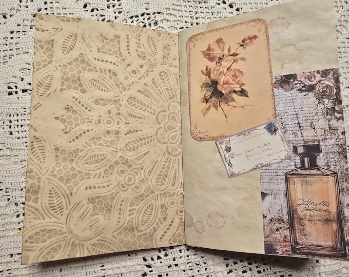 Handmade Junk Journal, Coffee Stained Pages, Lace Paper, French Trims (8.5" x 5.5")