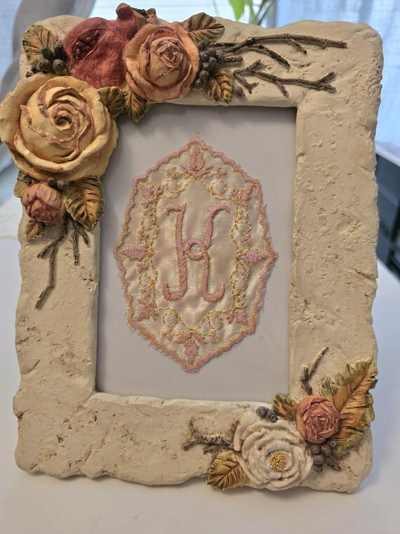 Framed Monogrammed Applique, vintage applique letter K.