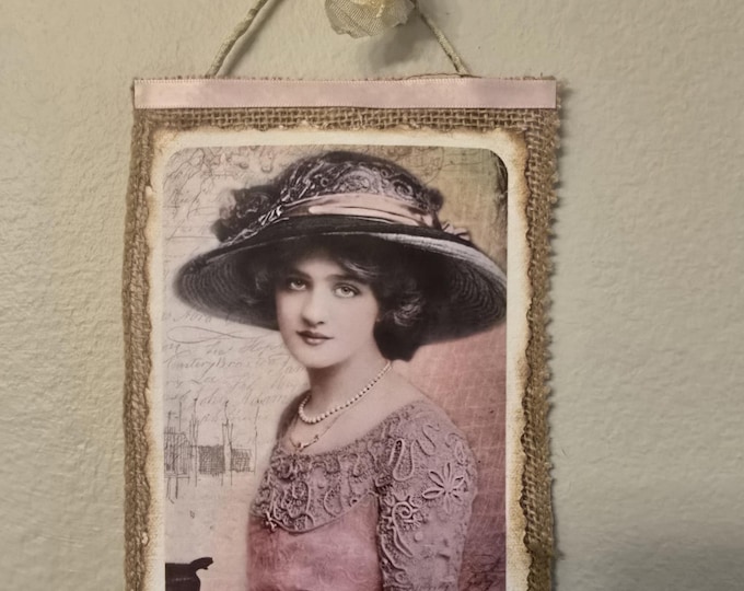 Handmade Victorian Lady Wall Decor, Pink Ecru Dress (11.5x5")