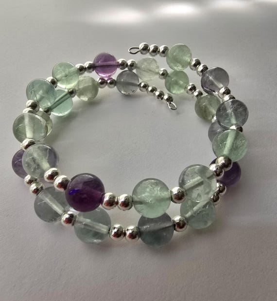 Fluorite memory wire bracelet,  crystal beads bracelet, coil bracelet.