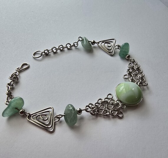 Alpaca Silver Peruvian bracelet, murano glass bracelet. green stone