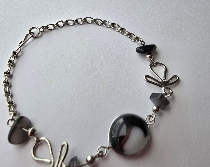 Alpaca Silver Peruvian bracelet, Murano glass bracelet, brown and white colors.