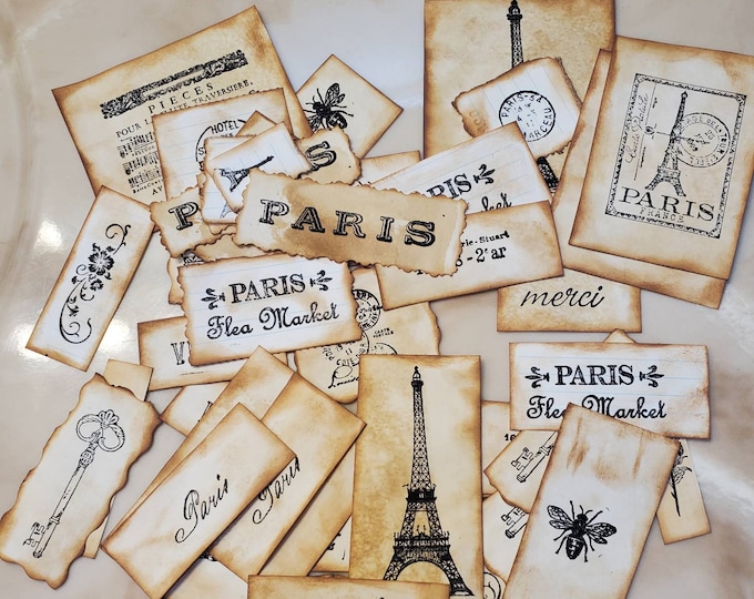 Junk journal ephemera, distress ink stamps, Paris ink stamps, Eiffel tower,