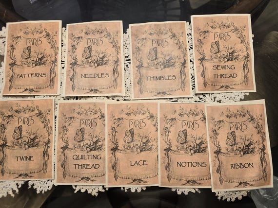 Tea stained, coffee stained, vintage style sewing labels, Paris labels, set of 9, scrapbooking, journaling, ephemera.