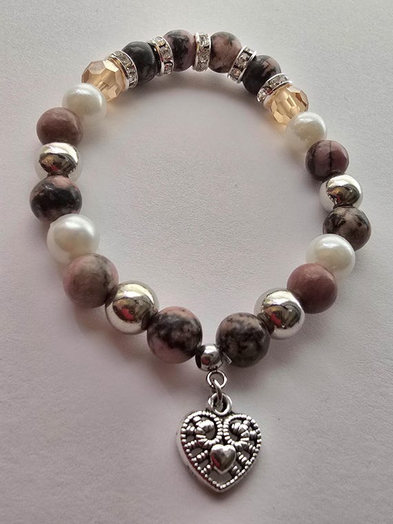 Rhodonite Beaded Bracelet, Handmade 8mm Pink Rhodonite Beaded Gemstone, Healing bracelet, self Love bracelet. Taurus Bracelet.