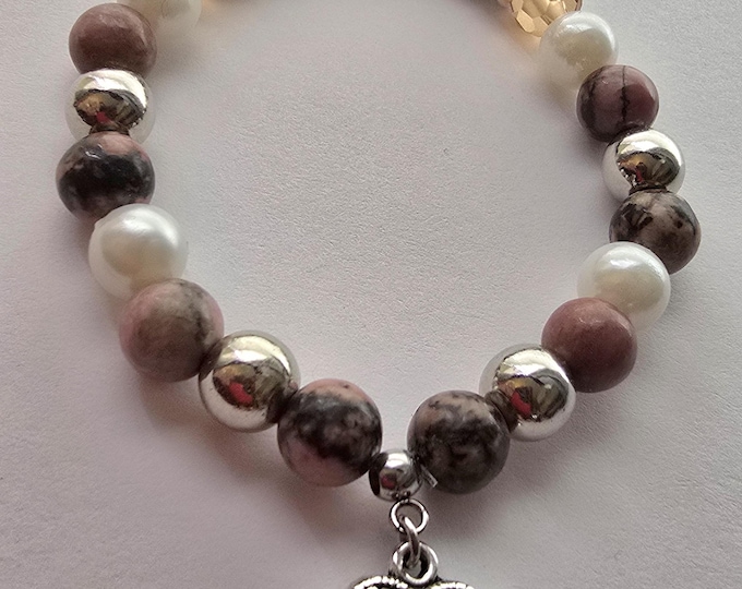 Rhodonite Beaded Bracelet, Handmade 8mm Pink Rhodonite Beaded Gemstone, Healing bracelet, self Love bracelet. Taurus Bracelet.