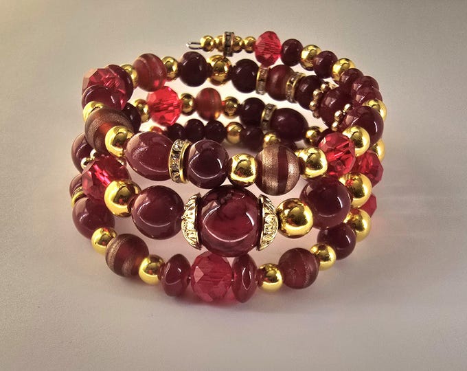 memory wire bracelet, birthday gift, red and burgundy bracelet, beaded bracelet.
