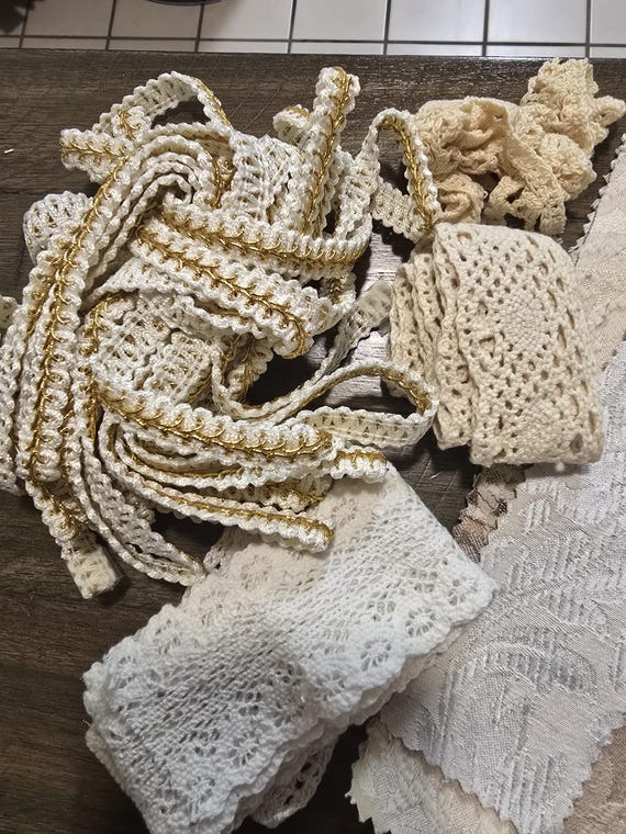 Grab bag - trims, upholstery samples, scrapbooking, journaling.