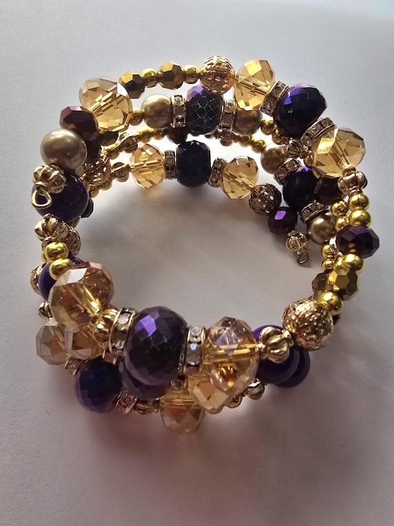 Purple and gold Memory wire bracelet, glass beads bracelet. coil bracelet.
