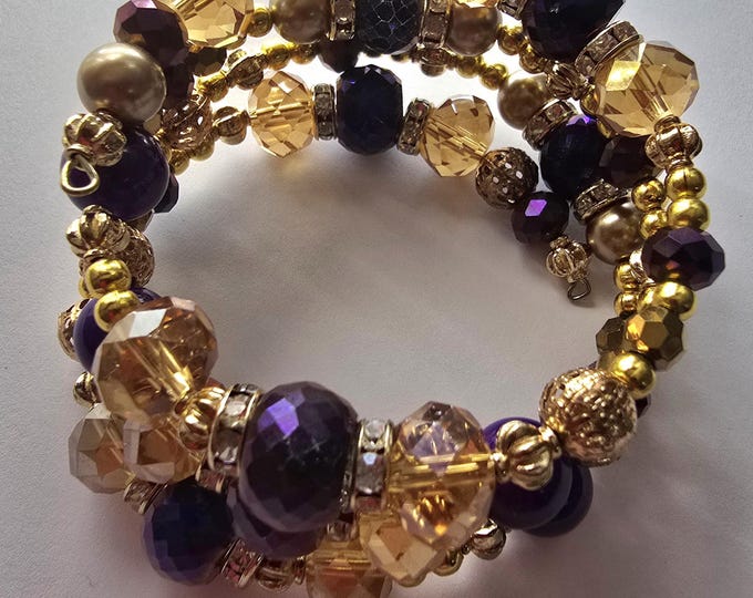 Purple and Gold Glass Beaded Memory Wire Bracelet