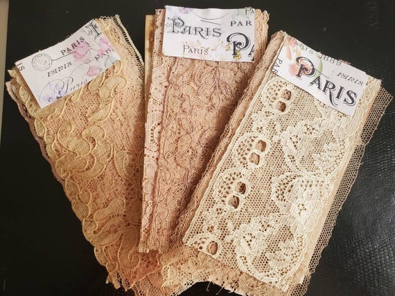 Vintage French lace samples, crafting, junk journaling, scrapbooking, ephemera, set of 3. 24 pieces total.